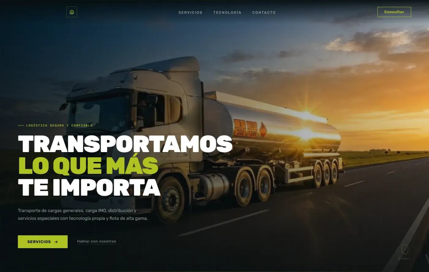 Portada del sitio web de una empresa de transporte: un camión cisterna en la ruta al atardecer