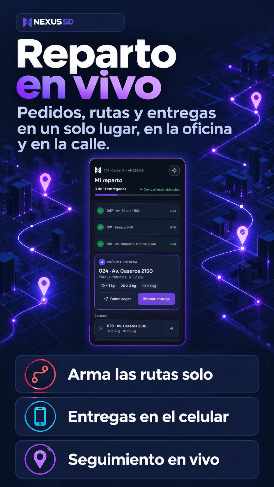 Reparto en vivo: pedidos, rutas y entregas en un solo lugar. Arma las rutas solo, entregas en el celular y seguimiento en vivo.