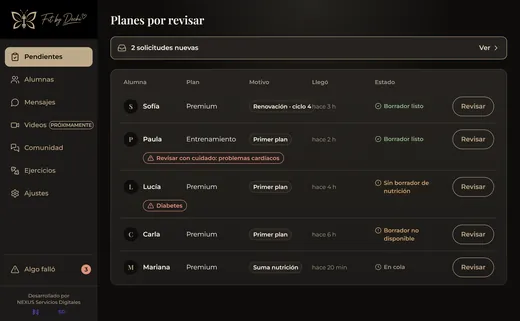 App Dechi: panel de la entrenadora con los planes por revisar