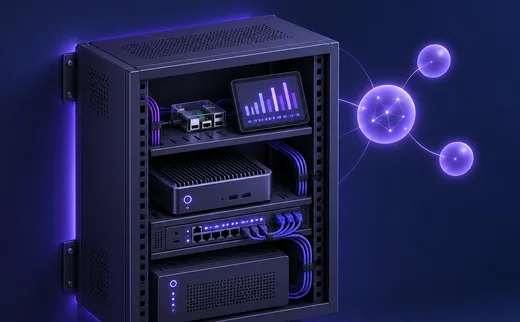 Ilustración de un rack con servidor, red, respaldo y pantalla de estado